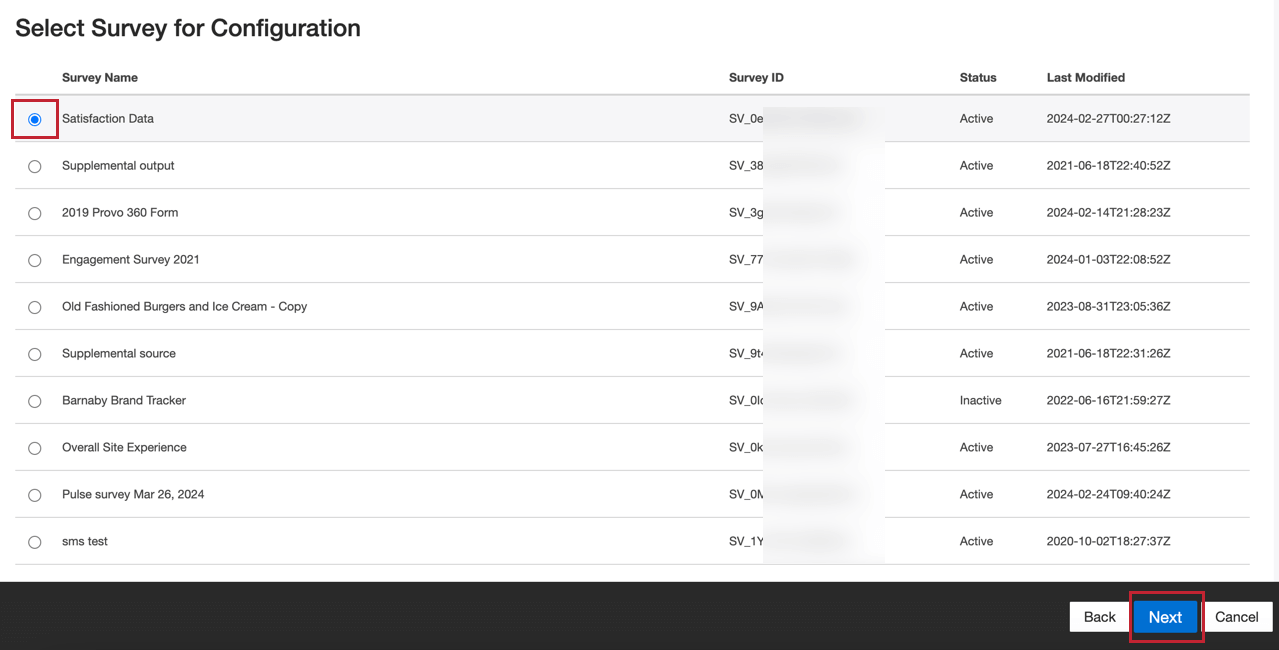 selecting a survey to export
