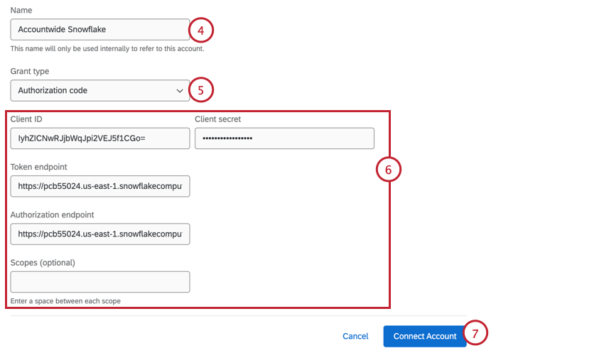 adding details for the snowflake account