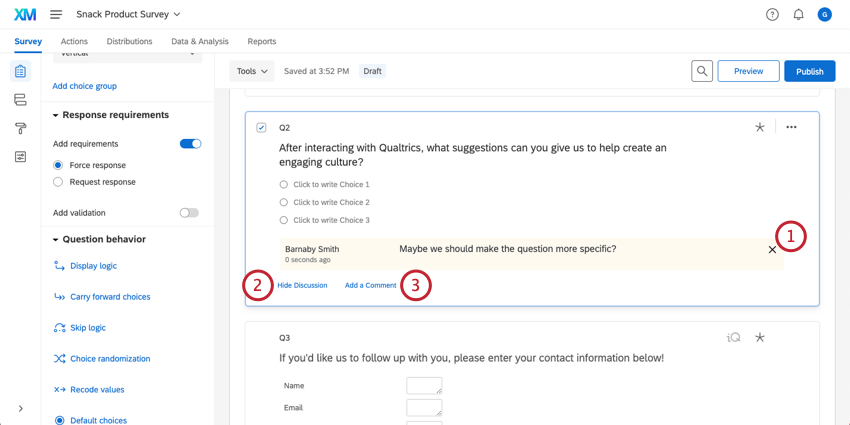 ディスカッションを非表示にする」「コメントを追加する」などのノートの追加オプション、ノートを追加した人の名前とタイムスタンプが表示されます。