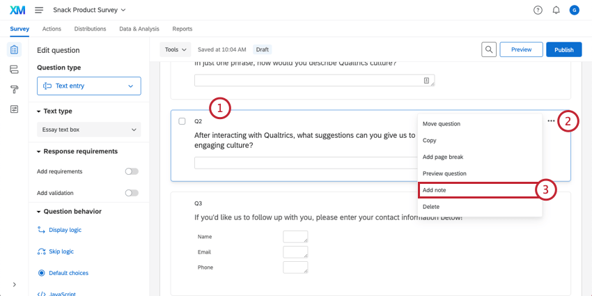 Adding a note to a question using the question options