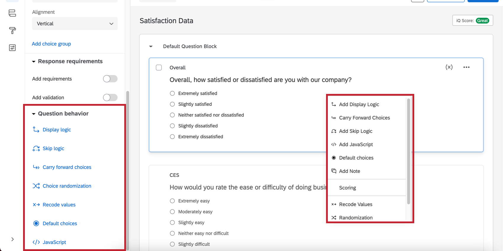 Question behavior menu on the left side and shown after right-clicking on the question itself