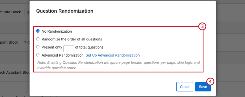 Selecionar o tipo de randomização e clicar em Salvar para aplicar as configurações de randomização.