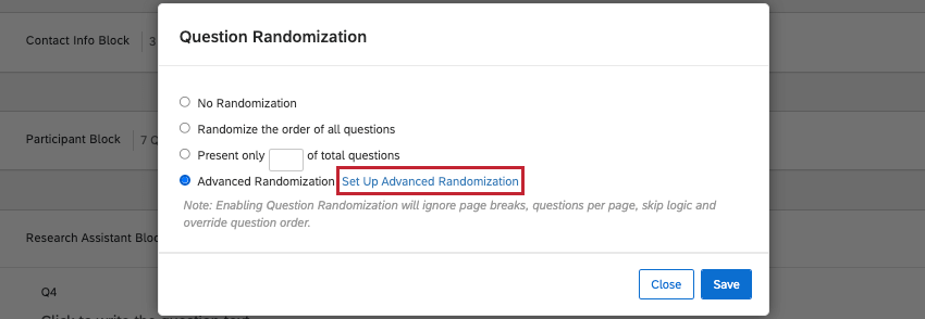 Configurer la randomisation avancée dans la fenêtre de sélection aléatoire de questions