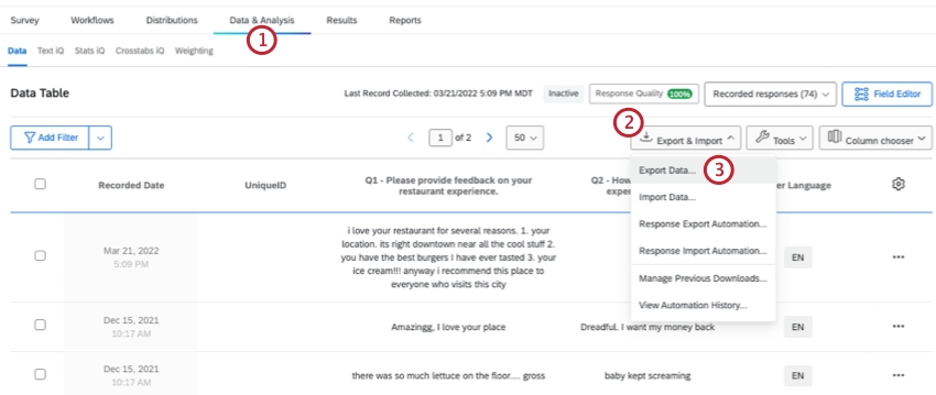 Data & Analysis mostrando onde você pode exportar seus dados no menu Ferramentas )