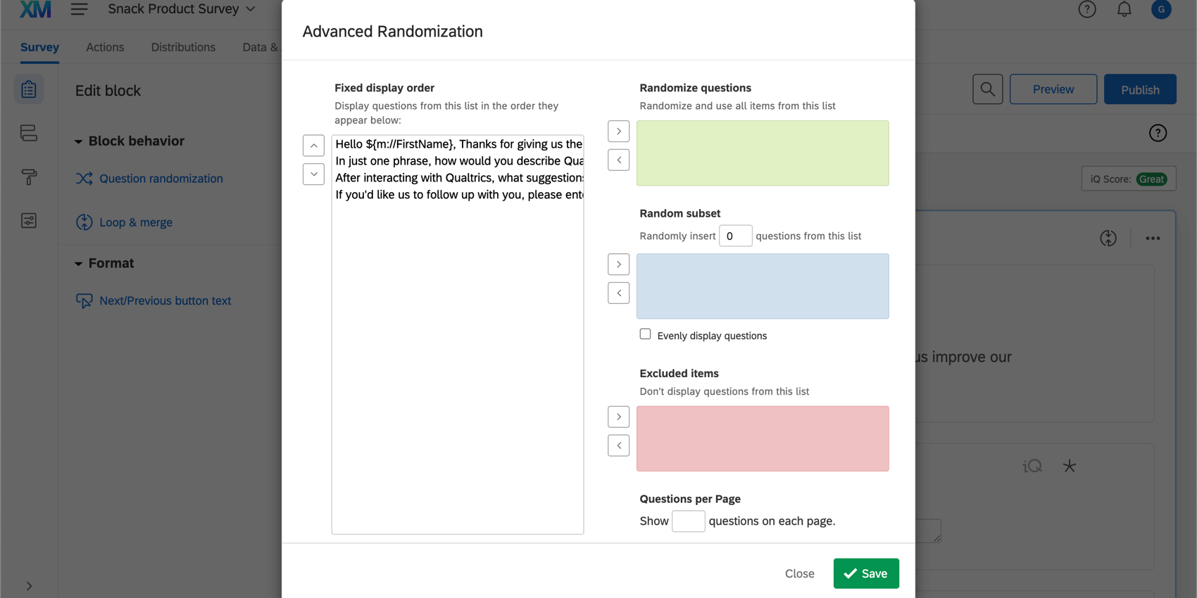 Options de randomisation avancée dans le menu de randomisation avancée&nbsp;; ces options incluent un ordre daffichage fixe, randomiser les questions, sous-ensemble aléatoire, éléments exclus et nombre de questions par page
