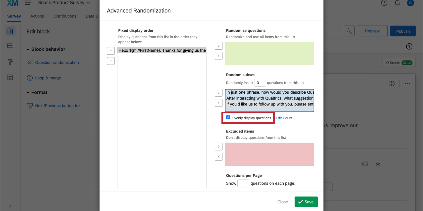 Option Afficher les questions de manière égale dans le menu Sous-ensemble aléatoire