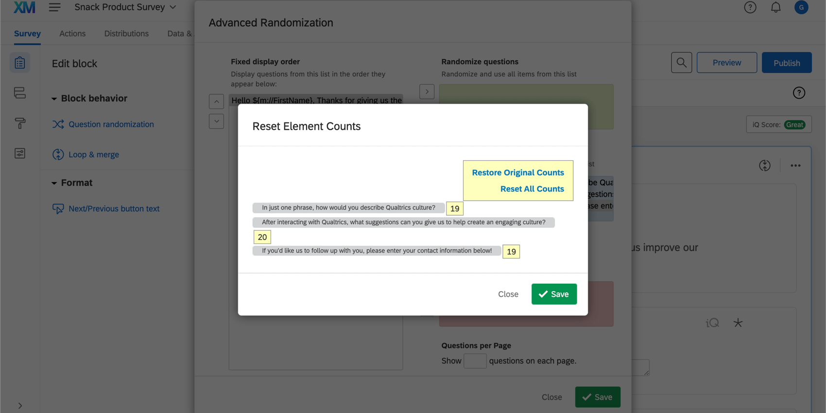 Redefinir a contagem de elementos no menu randomização avançada