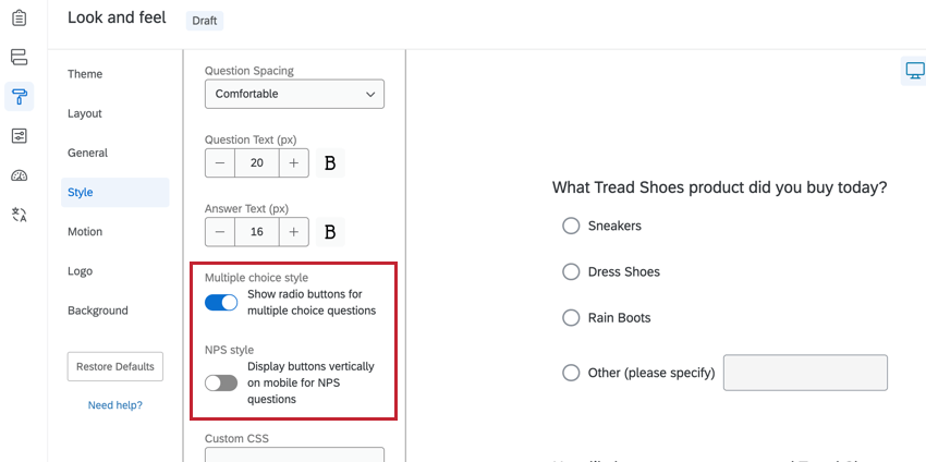 les options de style de la question dans la section style de la rubrique apparence &amp ; feel