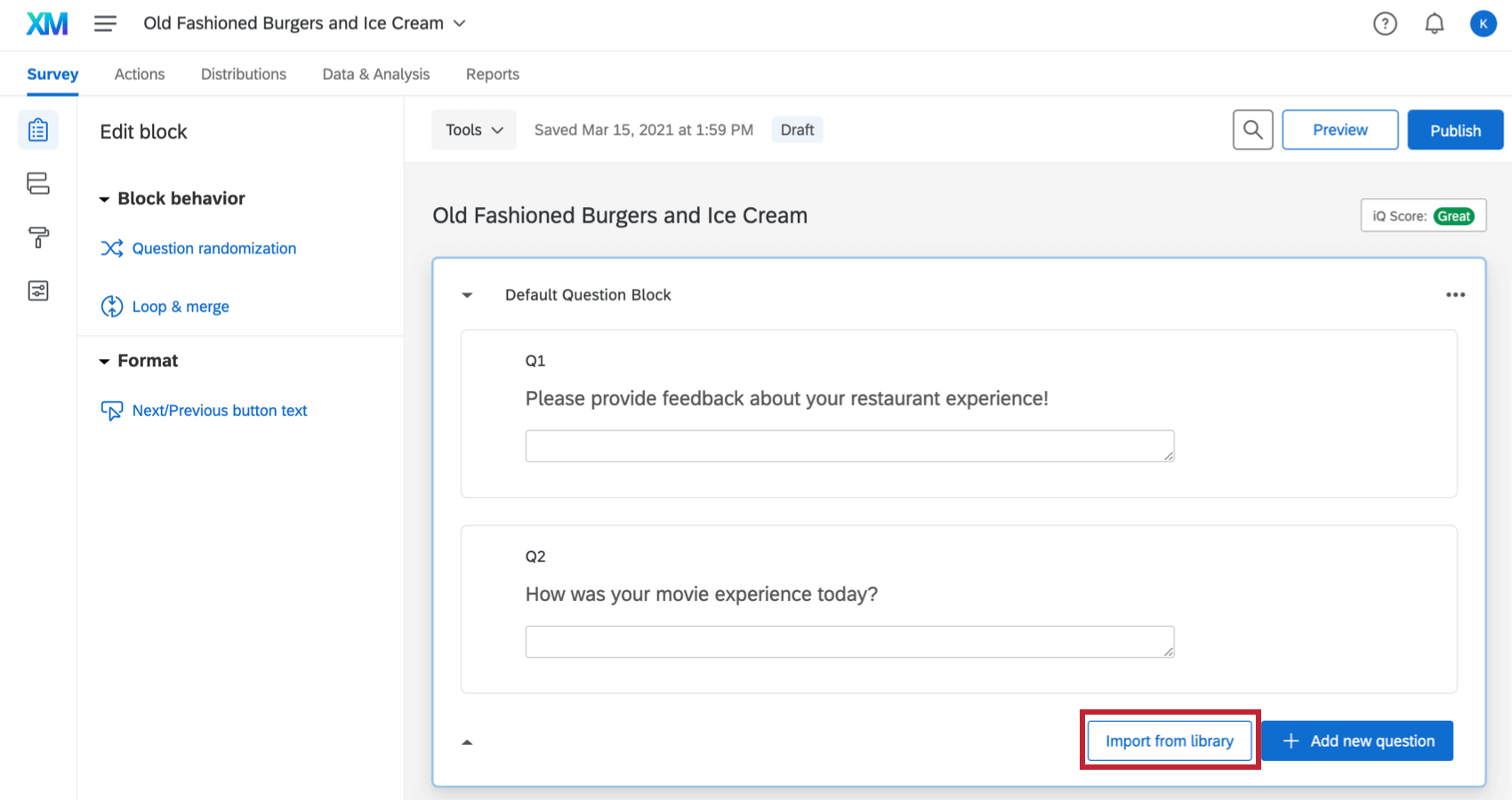 Import from library button