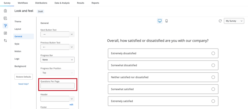 Option Questions par page dans l’éditeur Apparence