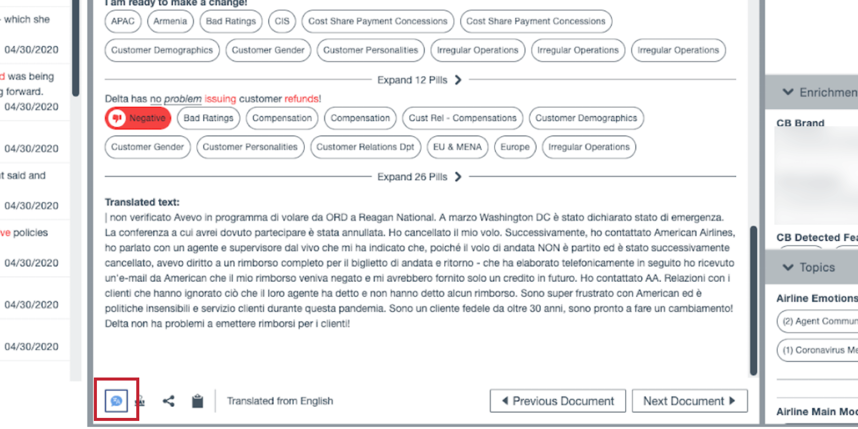 die Option Schnellübersetzung im Dokumentenexplorer