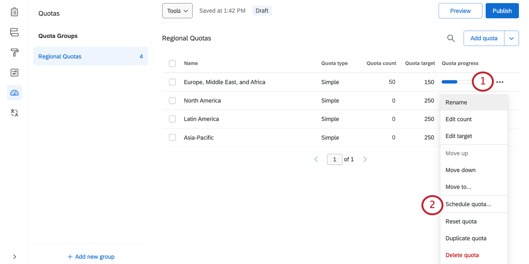 Dropdown arrow next to quota reveals Scheduled Quota option