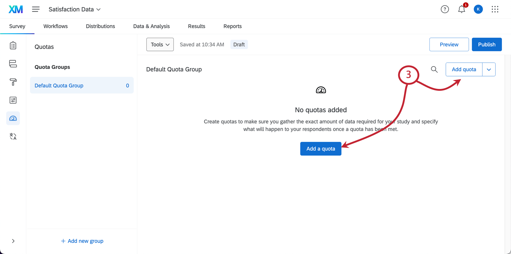 A janela de cotas tem um botão Add a Cota ) no centro e um botão Add cota (Adicionar cota) na parte inferior, no canto superior direito