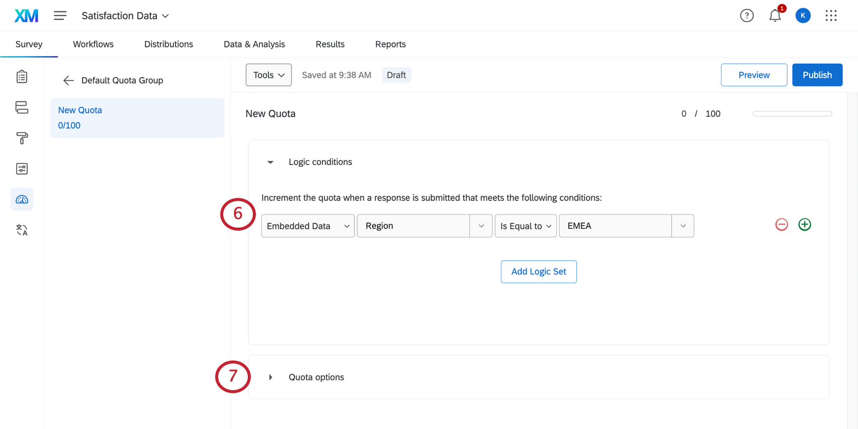 Right side of page, conditions built out that say things like, if the respondent said they were married and male. Below that, a dropdown for slecting what happens if they meet that condition. To the left, can edit the number of people you want to meet this condition. Bottom-right, save button