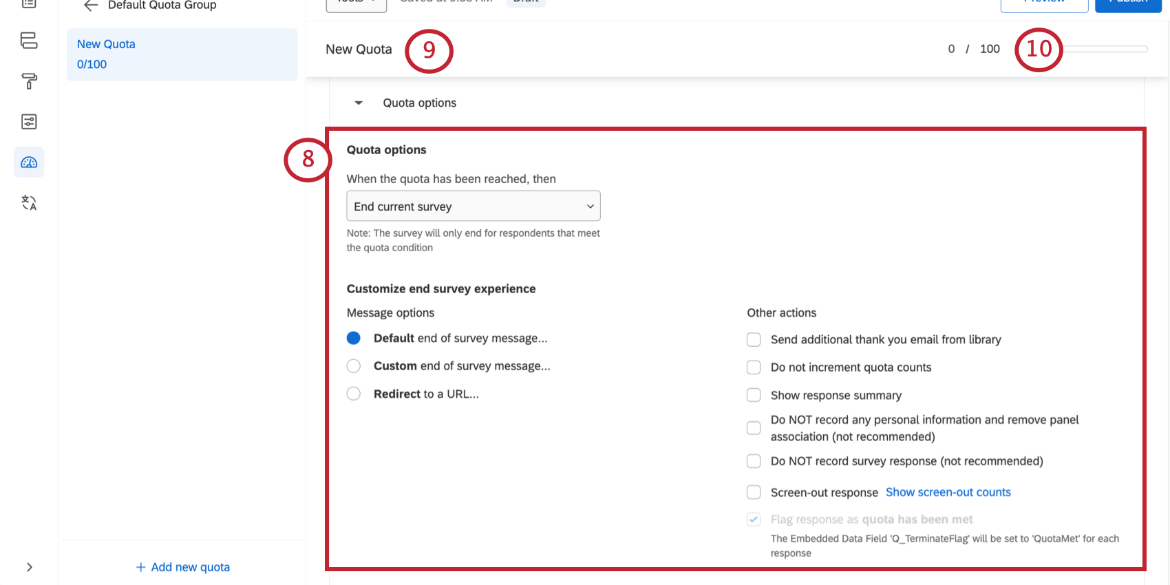Quota options. Along top sticky bar, options for naming and setting quota counts