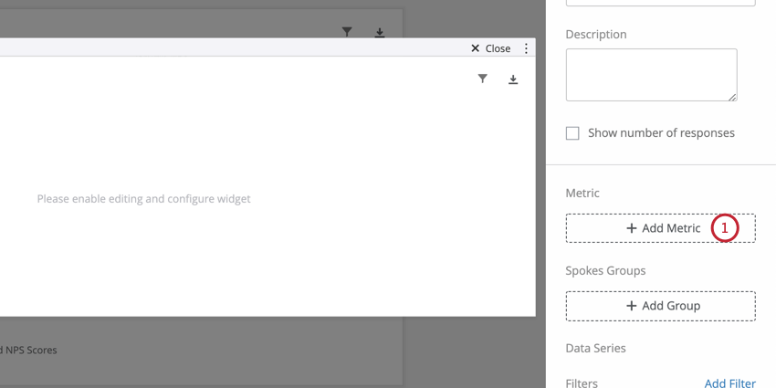 Facendo doppio clic sul widget, viene visualizzato il riquadro di modifica a destra; allinterno, il pulsante Aggiungi metrica