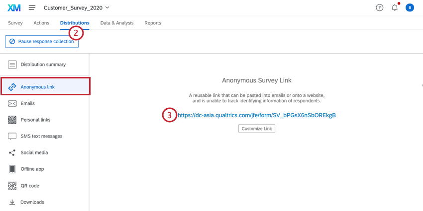 navigating to the distributions tab and copying the anonymous link