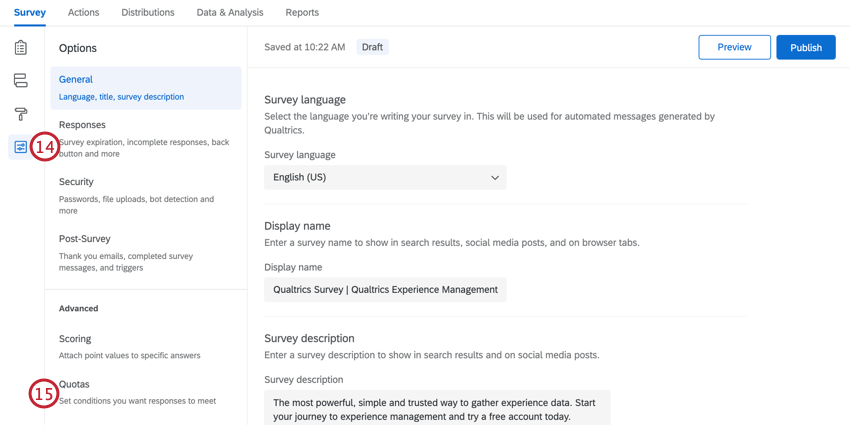 navigating to quotas in survey options