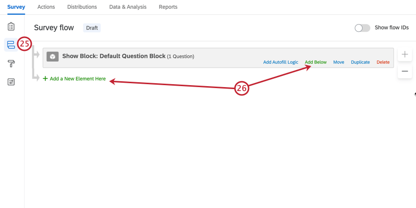 navigating to survey flow and adding a new element