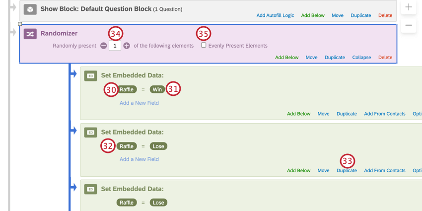 adding embedded data under the randomizer for the win and lose conditions