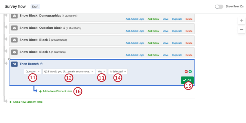 回答者が同意の質問に「はい」と答えた場合に分岐の条件を作成する。