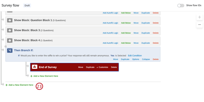 clicking add a new element here at the bottom of the survey flow