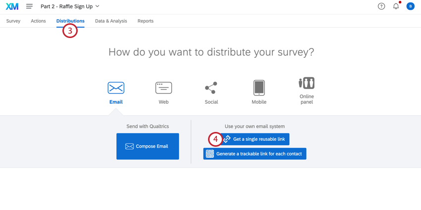 accéder aux distributions et sélectionner Obtenir un seul lien réutilisable