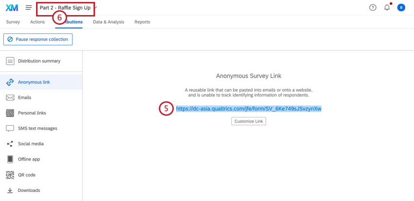 copying the link and navigating to the first survey