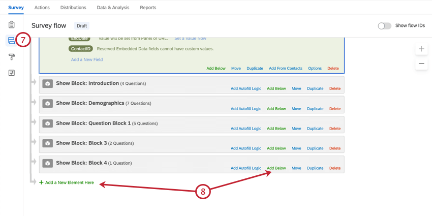 navigating to survey flow and adding a new element