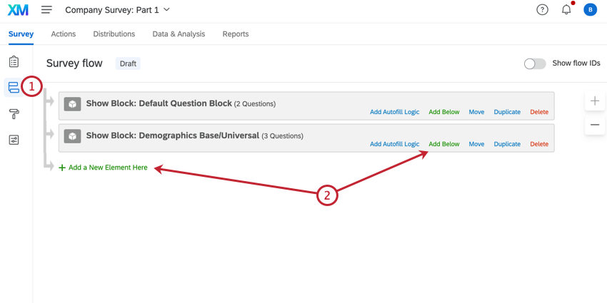 navigating to survey flow and clicking add a new element here