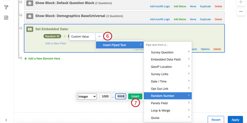 テキストの差し込み機能を使ってランダム化機能を選択し、範囲を入力し、挿入をクリックする。