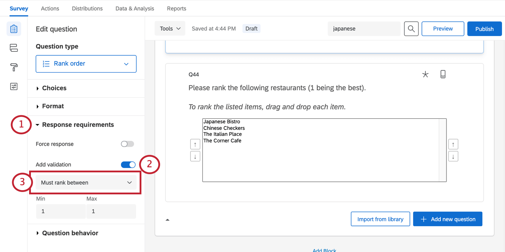 検証を「Must Rank Between」に設定し、ランク付けが必要な値の間にボックスを入れる。