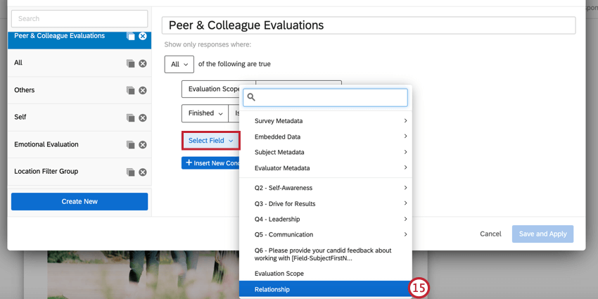 choosing the relationship field for the rater group filter