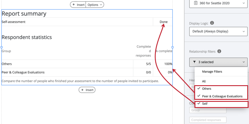 a report summary table with multiple relationship filters applied