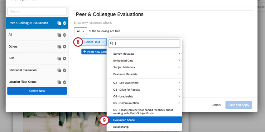 choosing the evaluation scope field for a rater group filter