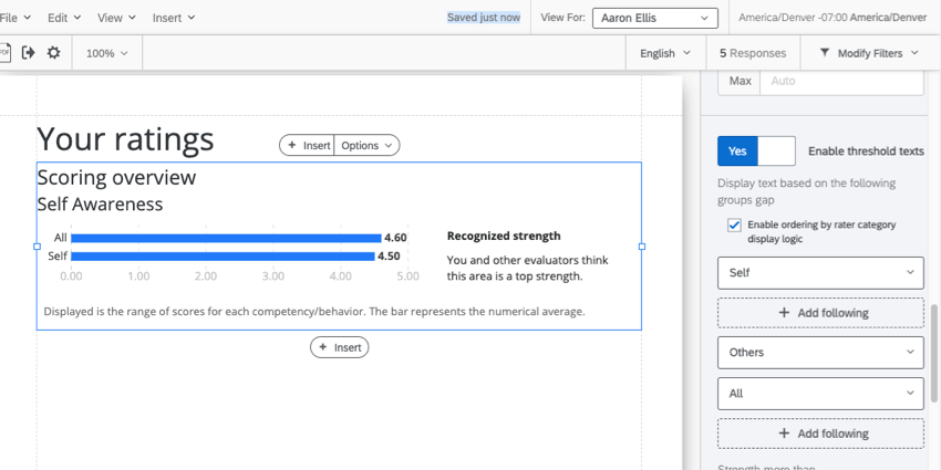 Image shows a scoring overview table with its editing pane open - in the editor, you see that it says Self, add following, Others, All, add following