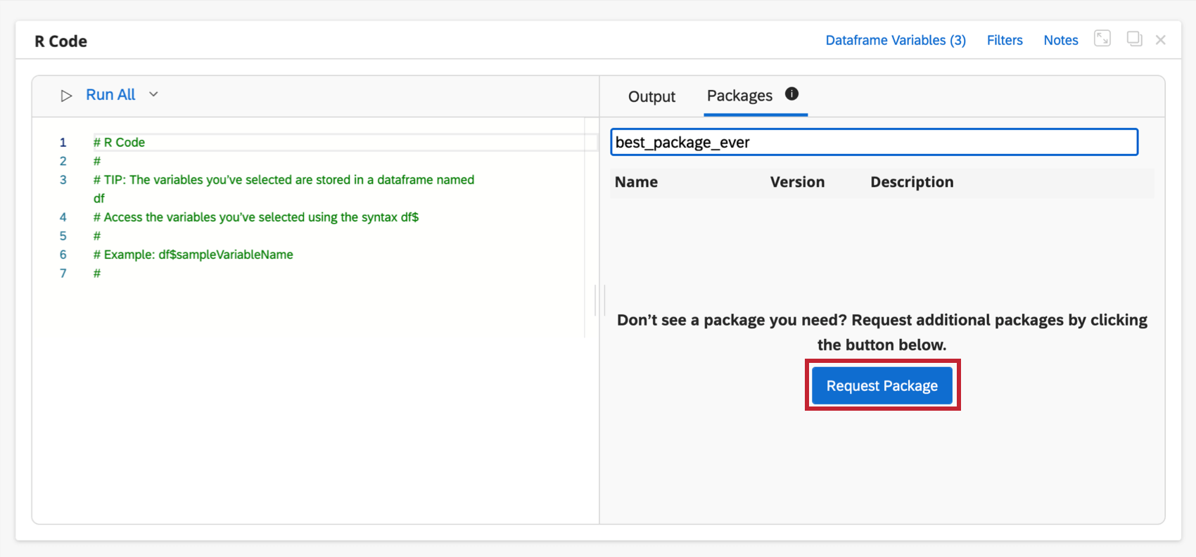 Image of no results search, and the button in the center for requesting packages