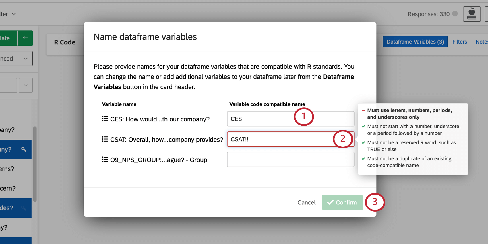Imagem do modal que diz o nome das variáveis do dataframe. O nome completo de cada variável é listado, além de um campo onde você pode decidir um novo nome