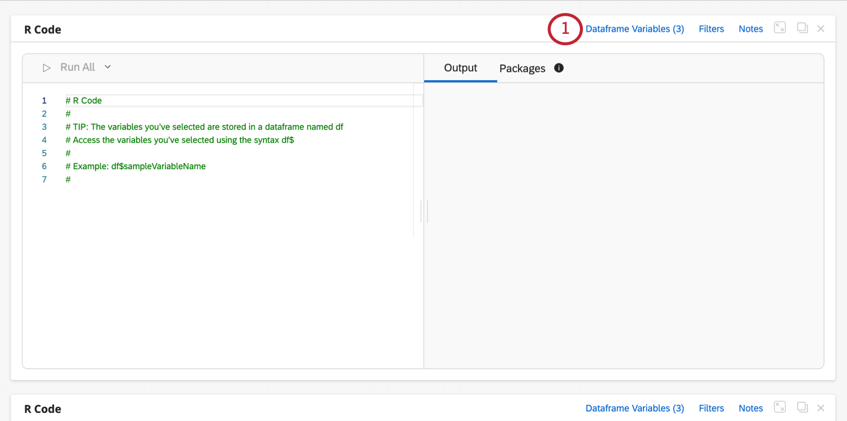 Imagem de um cartão de código R; esta captura de tela se concentra no canto superior direito, onde está escrito dataframe variables (3)