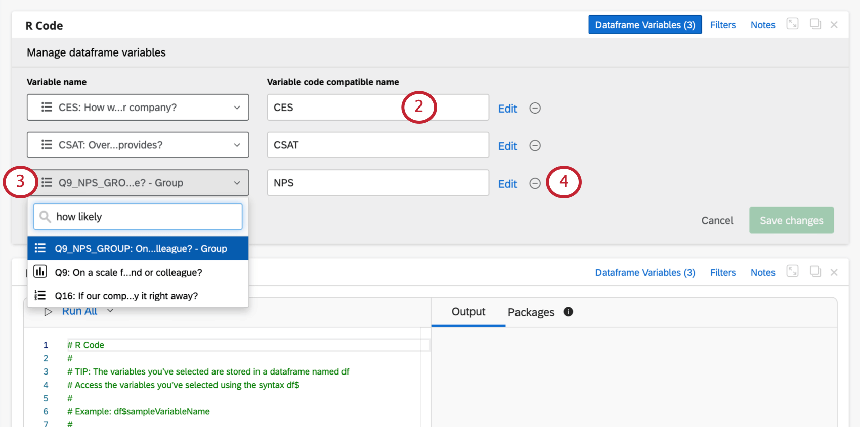 Image of R code card and how it has changed now that the button has been clicked. Left column with clickable variables says "variable name." Right column with open ended fields says "variable code compatible name."