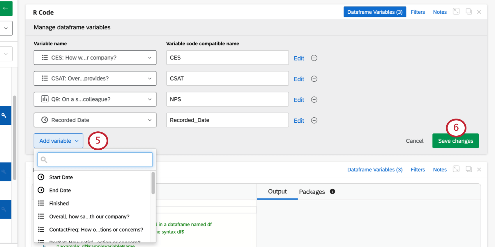 A captura de tela mostra como o menu suspenso Adicionar variável se expande para a lista completa de dados pesquisa