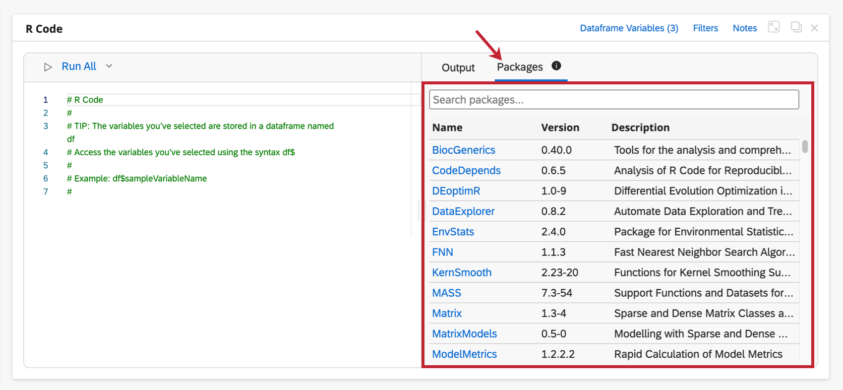 Image showing packages tab of right half of r code card