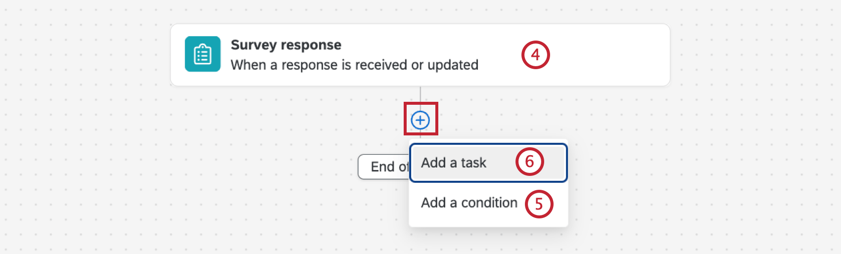 choosing the survey event, adding conditions, and choosing the task