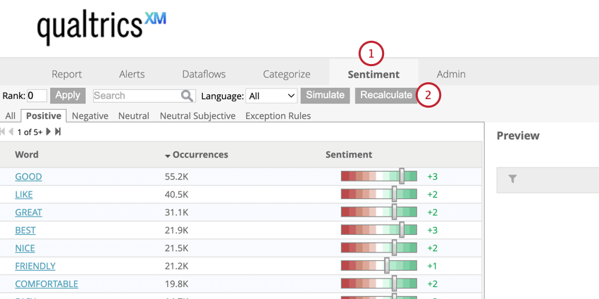 facendo clic su ricalcola nella scheda Analisi del sentiment