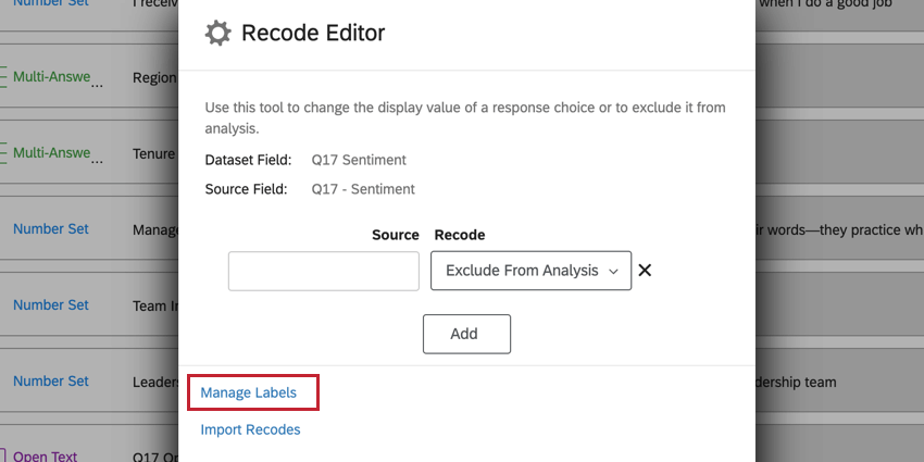 facendo clic su manager labels nella finestra di ricodifica