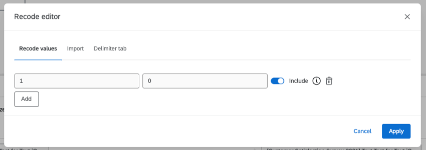 screenshot showing a value of 1 being recoded to 0