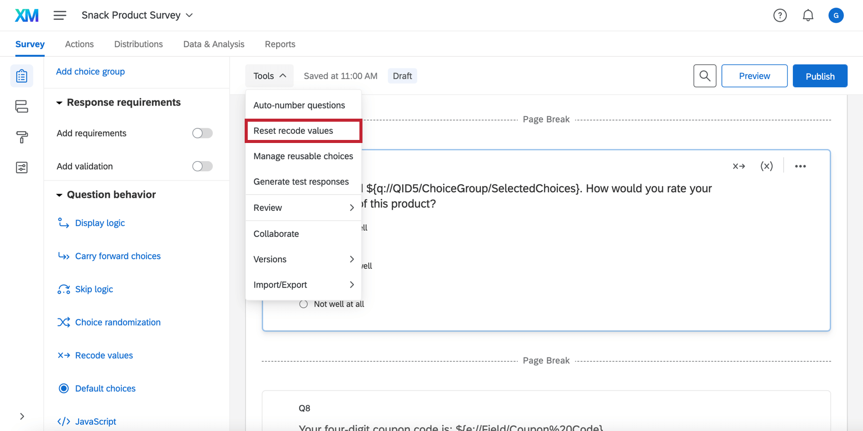 Reset recode values option in the Tools menu