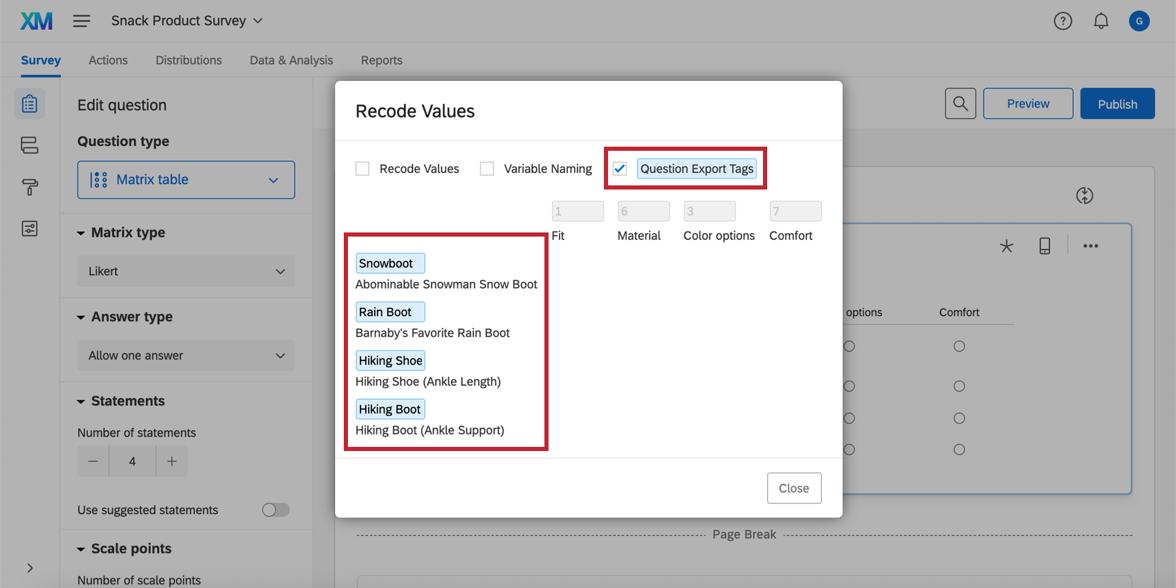 Question Export Tags in the recode values window