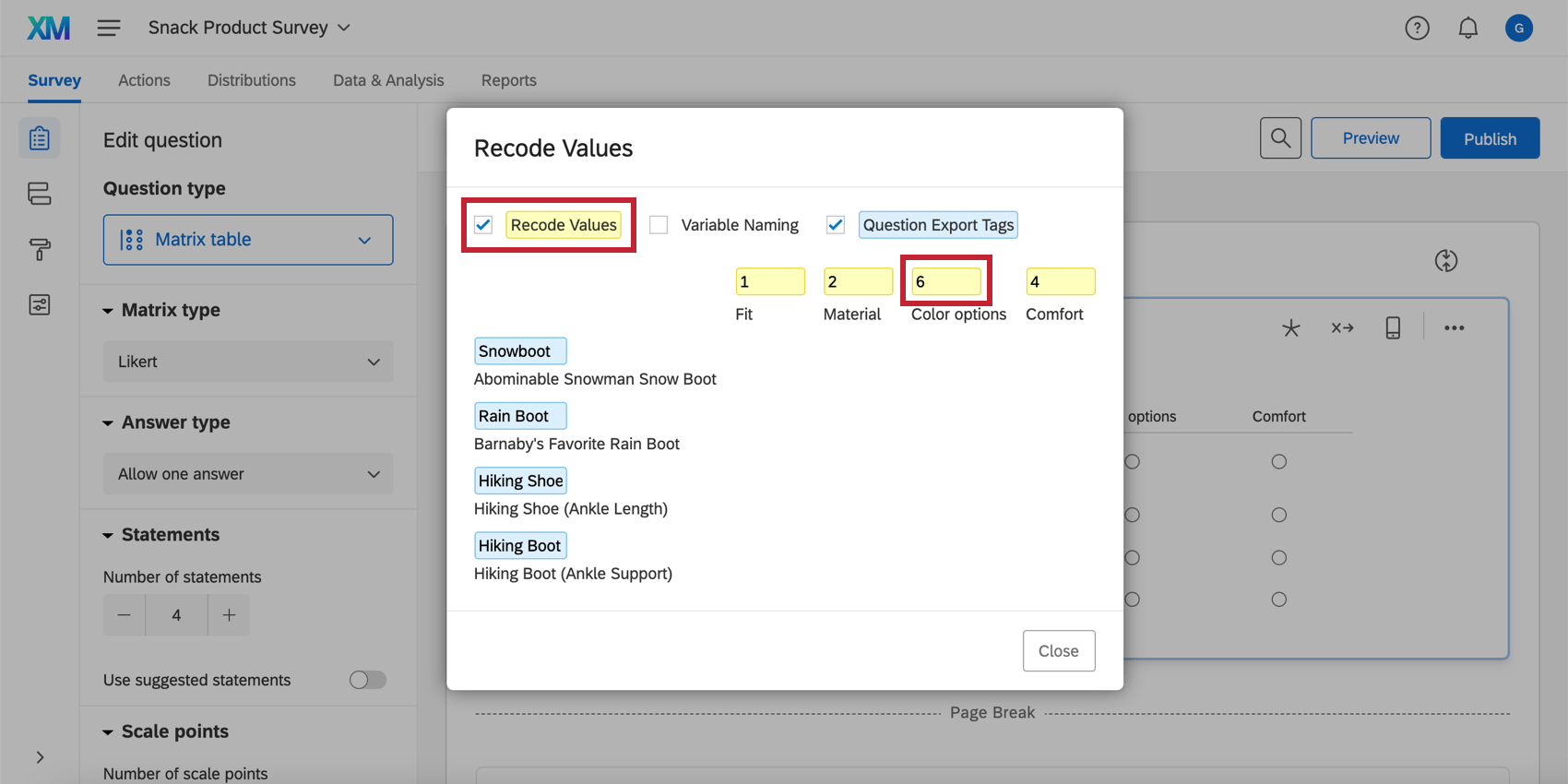Recoding the values in a matrix table with the modified question export tags show