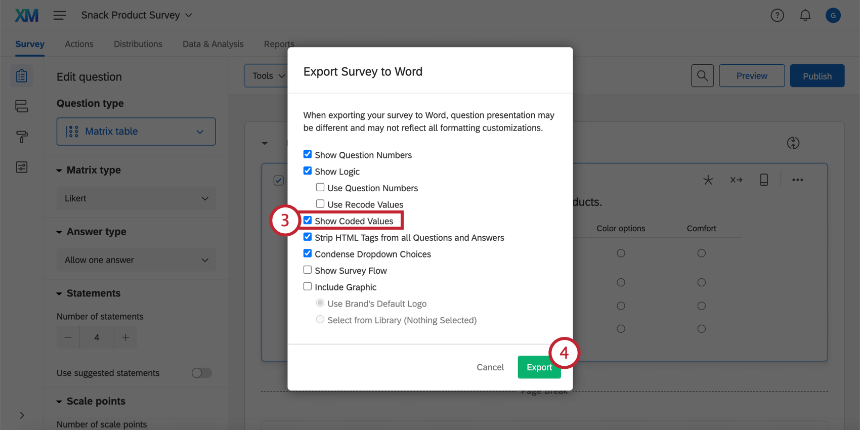 Exporting coded values to Word